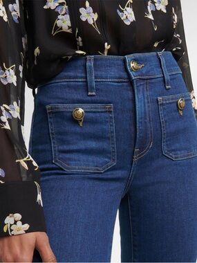 Veronica Beard Carson High Rise Flared Dark Blue Crop Button Pocket Jeans Sz 25